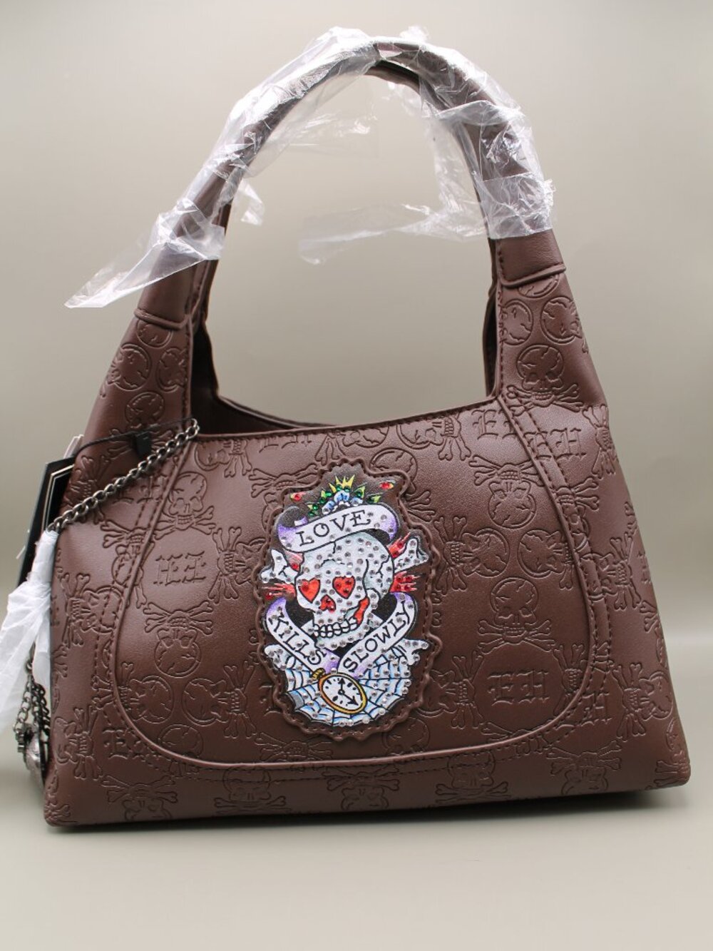 Ed Hardy Chocolate Brown Skull Embossed Love Kills Slowly Satchel Bag NWT
